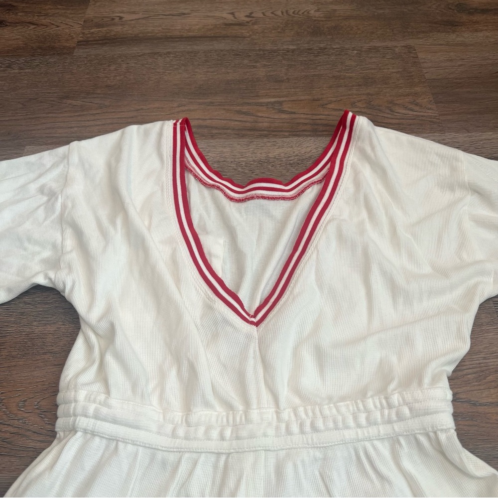 Anthropologie Waffle Knit Romper Size Medium Ivory Red Trim Lounge Casual Cozy - Picture 6 of 10